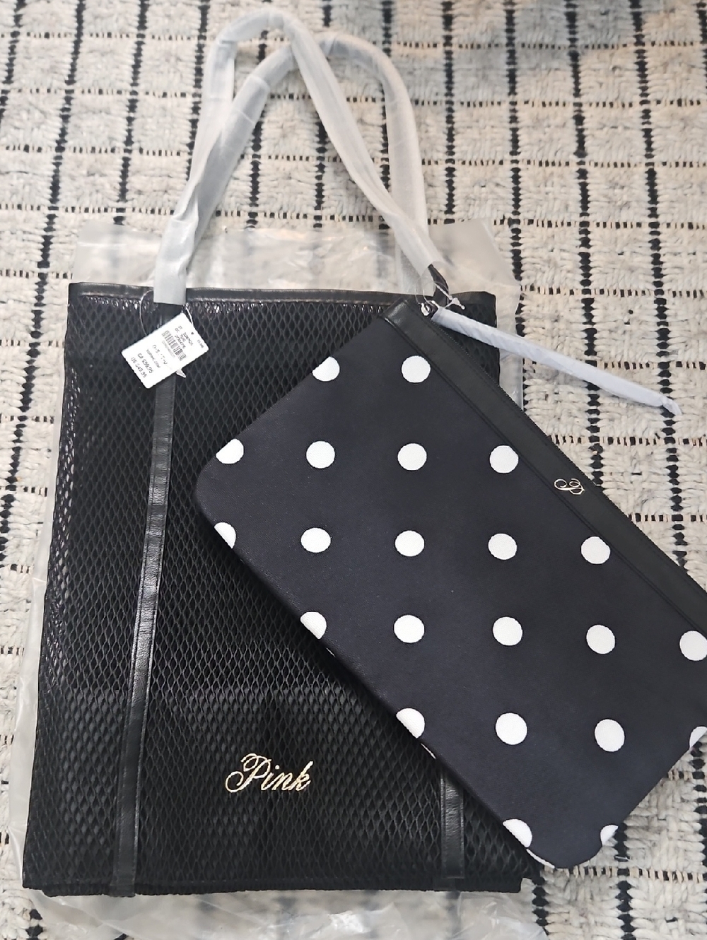 Victoria's Secret PINK Black Mesh Tote Bag & Makeup Pouch Set Polka Dot NEW
